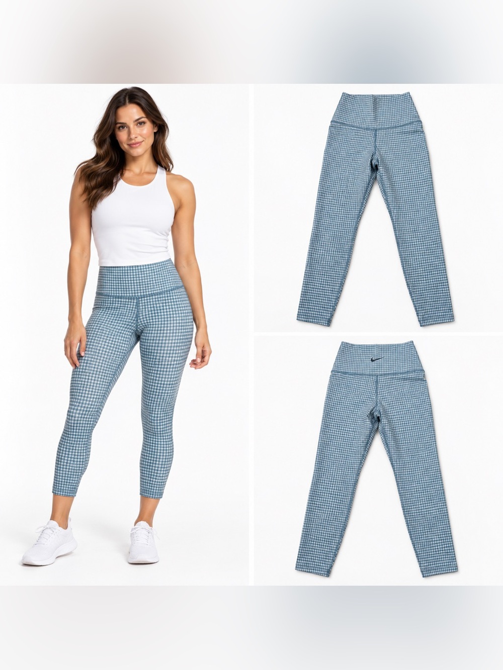 Nike Yoga Dri-FIT Gingham High Waist Crop Leggings Blue White XS